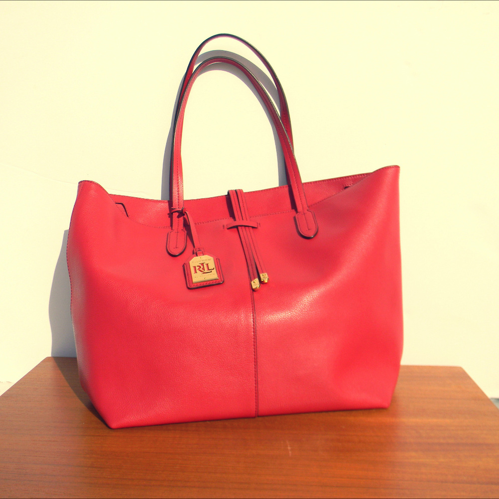 RLL Lauren Ralph Red Leather Handbag Large Tote